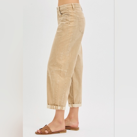 Risen High Rise Corduroy Barrel Jeans Tan Neutral Cuffed Ankle Crop Various NEW - Picture 4 of 6